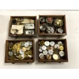 QUANTITY OF WATCH MOVEMENTS AND PARTS, ALL IN A MINATURE OAK COLLECTORS CHEST.