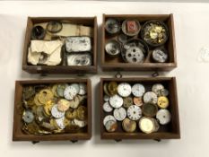 QUANTITY OF WATCH MOVEMENTS AND PARTS, ALL IN A MINATURE OAK COLLECTORS CHEST.