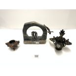 ANGLO INDIAN METAL INCENSE BURNER, SOAPSTONE KORO, AND A MARBLE FIGURE SCULPTURE.