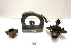 ANGLO INDIAN METAL INCENSE BURNER, SOAPSTONE KORO, AND A MARBLE FIGURE SCULPTURE.