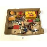 BOXED DINKY MANURE SPREADER, HARVEST TRAILER, BRITAINS FARM ANIMALS, AND GOOD & SONS PIECES.