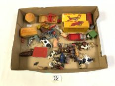 BOXED DINKY MANURE SPREADER, HARVEST TRAILER, BRITAINS FARM ANIMALS, AND GOOD & SONS PIECES.