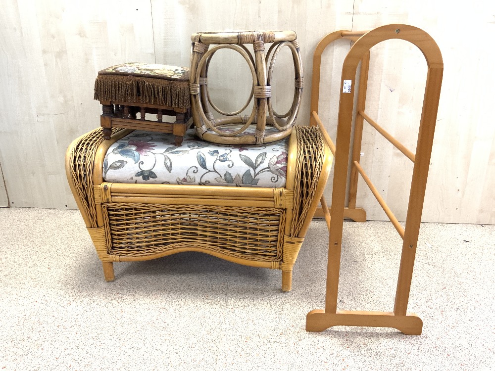 SMALL VICTORIAN FOOTSTOOL, CANE AND WICKER STOOL AND STAND, AND A MODERN TOWEL RAIL. - Image 4 of 4