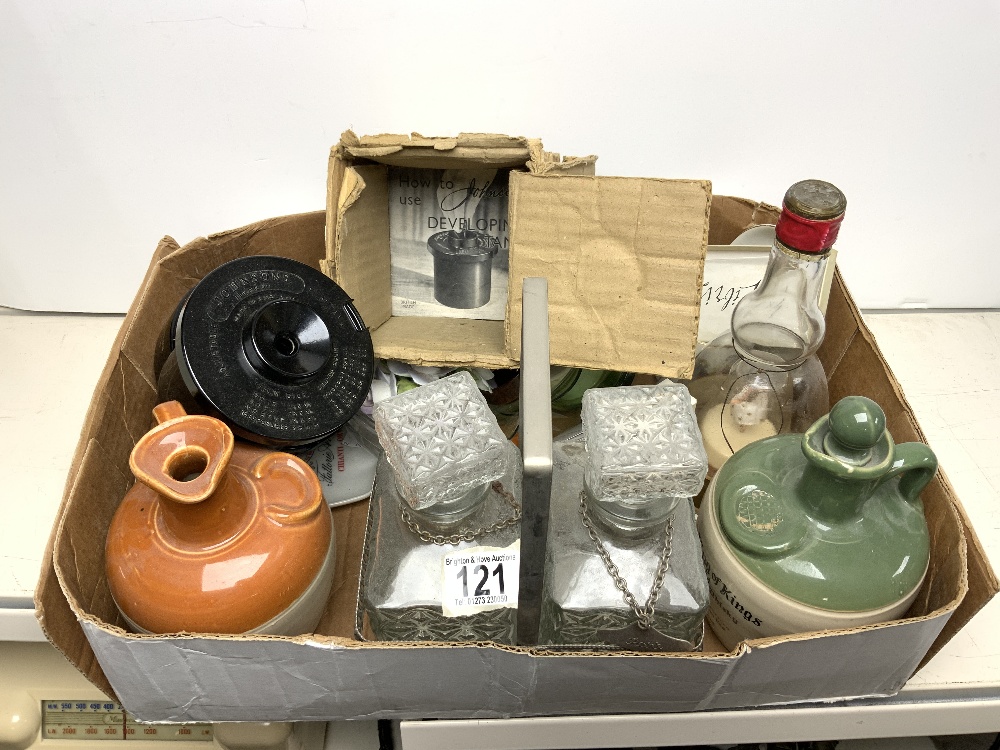 TWO BOTTLE TANTALUS, TWO STONEWARE FLAGONS, GLASSWARE ETC.