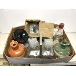 TWO BOTTLE TANTALUS, TWO STONEWARE FLAGONS, GLASSWARE ETC.