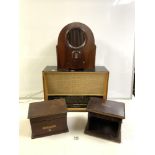 DEFIANT 1950s RADIO, MARCONI WOODEN CASE, A GECoPHONE MAHOGANY CASE, AND A REPRODUCTION RADIO.