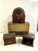 DEFIANT 1950s RADIO, MARCONI WOODEN CASE, A GECoPHONE MAHOGANY CASE, AND A REPRODUCTION RADIO.