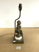 BRASS FIGURE GIRL SITTING ON A TABLE LAMP, 43 CMS.