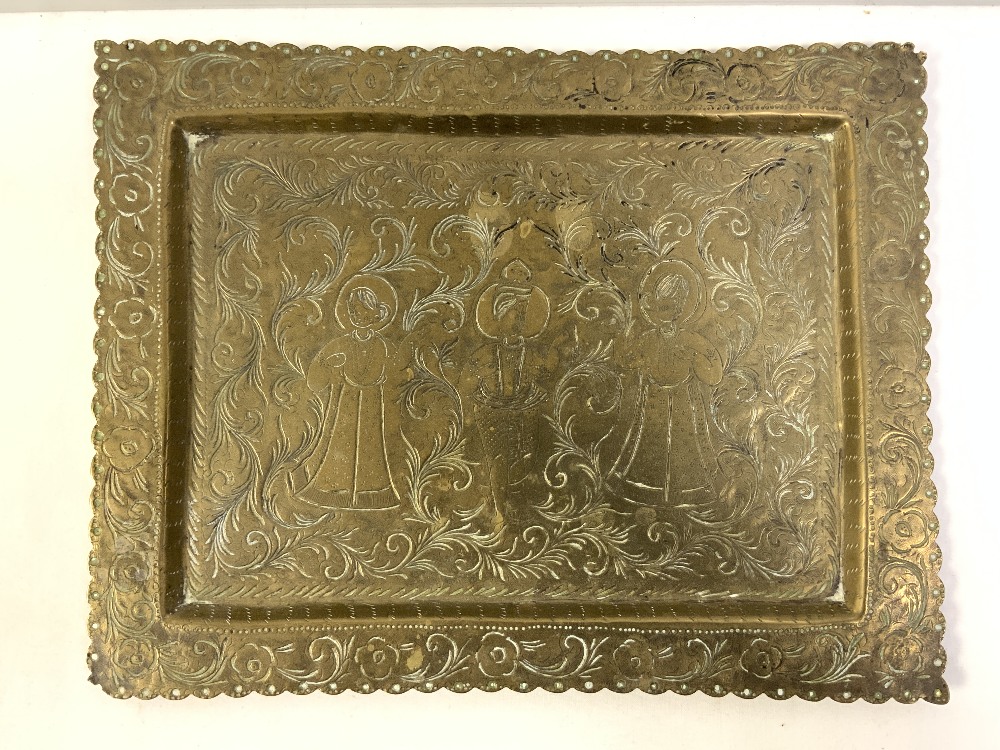 INDIAN RECTANGULAR ENGRAVED BRASS TRAY, 30X20 CMS. AND OVAL EMBOSSED WALL SCONCE, AND BURMESE COPPER - Image 3 of 5