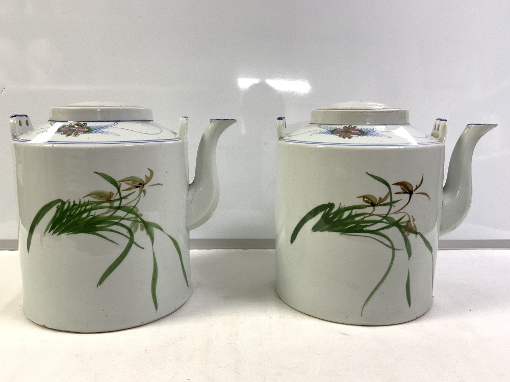 A PAIR OF LARGE CHINESE PORCELAIN STREET TEA POTS, DECORATED WITH BIRDS IN BLOSSOM TREES, [ 1 - Image 2 of 4