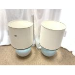 A PAIR OF TURQUOISE CERAMIC GLOBULAR TABLE LAMPS AND SHADES, 63 CMS.