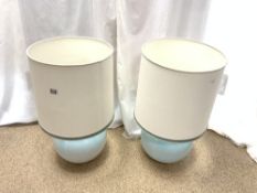 A PAIR OF TURQUOISE CERAMIC GLOBULAR TABLE LAMPS AND SHADES, 63 CMS.