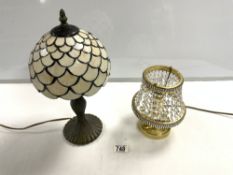 SMALL TIFFANY STYLE TABLE LAMP WITH LEADED LIGHT SHADE, AND SMALL BRASS TABLE LAMP.