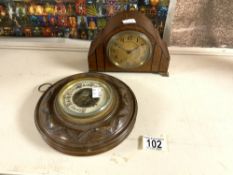 SMALL BURR WALNUT MANTEL CLOCK, SWISS MOVEMENT BY BUREN, AND CIRCULAR CARVED BAROMETER 20 CMS