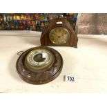 SMALL BURR WALNUT MANTEL CLOCK, SWISS MOVEMENT BY BUREN, AND CIRCULAR CARVED BAROMETER 20 CMS