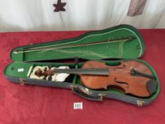 VARNISHED VIOLIN AND BOW, IN A BOOSEY AND HAWKES LTD CASE, 14 1/4" IN LENGTH