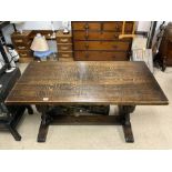 OAK REFRECTORY DINING TABLE ON CARVED BULBOUS END SUPPORTS, 148X76 CMS.