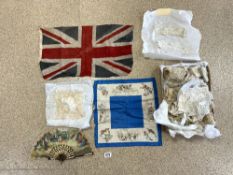 QUANTITY OF LACE ITEMS, SILK HANDKERCHIEF AND UNION FLAG.