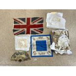 QUANTITY OF LACE ITEMS, SILK HANDKERCHIEF AND UNION FLAG.