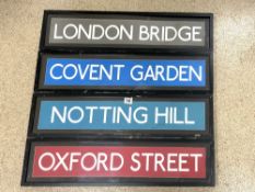 FOUR LONDON STREET SIGNS IN FRAMES - COVENT GARDEN, OXFORD STREET, NOTTING HILL, AND LONDON