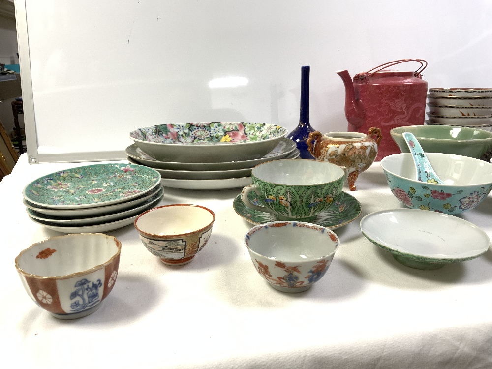 CHINESE PORCELAIN TEA POT, CHINESE SHALLOW DISH, AND CHINESE RICE BOWLS AND PLATES. - Image 4 of 6