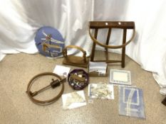 QUANTITY OF LACE MAKERS BOBBINS, OAK PILLOW MAKING STAND, AND CLAMPS, AND OTHER RELATED ITEMS.
