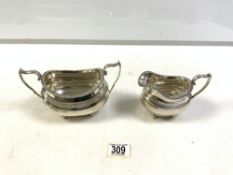 GEORGIAN DESIGN HALLMARKED SILVER OVAL 2 HANDLED SUGAR BOWL AND MATCHING MILK JUG WITH RIBBED