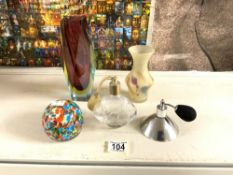 A MURANO COLOURED GLASS PAPER WEIGHT, A MURANO FACETED GLASS VASE 21 CMS, TWO SCENT BOTTLES AND