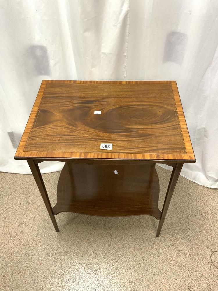 EDWARDIAN INLAID CROSSBANDED MAHOGANY 2-TIER OCCASIONAL TABLE, 60X45X72 CMS.
