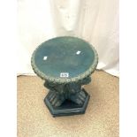 A GLAZED POTTERY TURQUOISE JARDINERE STAND, WITH 3 LION SUPPORT, 50X38 CMS. A/F