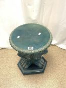 A GLAZED POTTERY TURQUOISE JARDINERE STAND, WITH 3 LION SUPPORT, 50X38 CMS. A/F