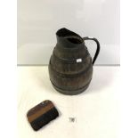 VICTORIAN COOPERED OAK WATER JUG WITH IRON MOUNTS, 38 CMS.