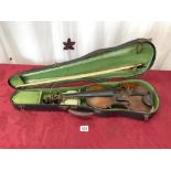 ANTIQUE VIOLIN AND BOW IN CASE, 14 1/4" IN LENGTH