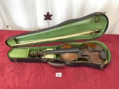 ANTIQUE VIOLIN AND BOW IN CASE, 14 1/4" IN LENGTH