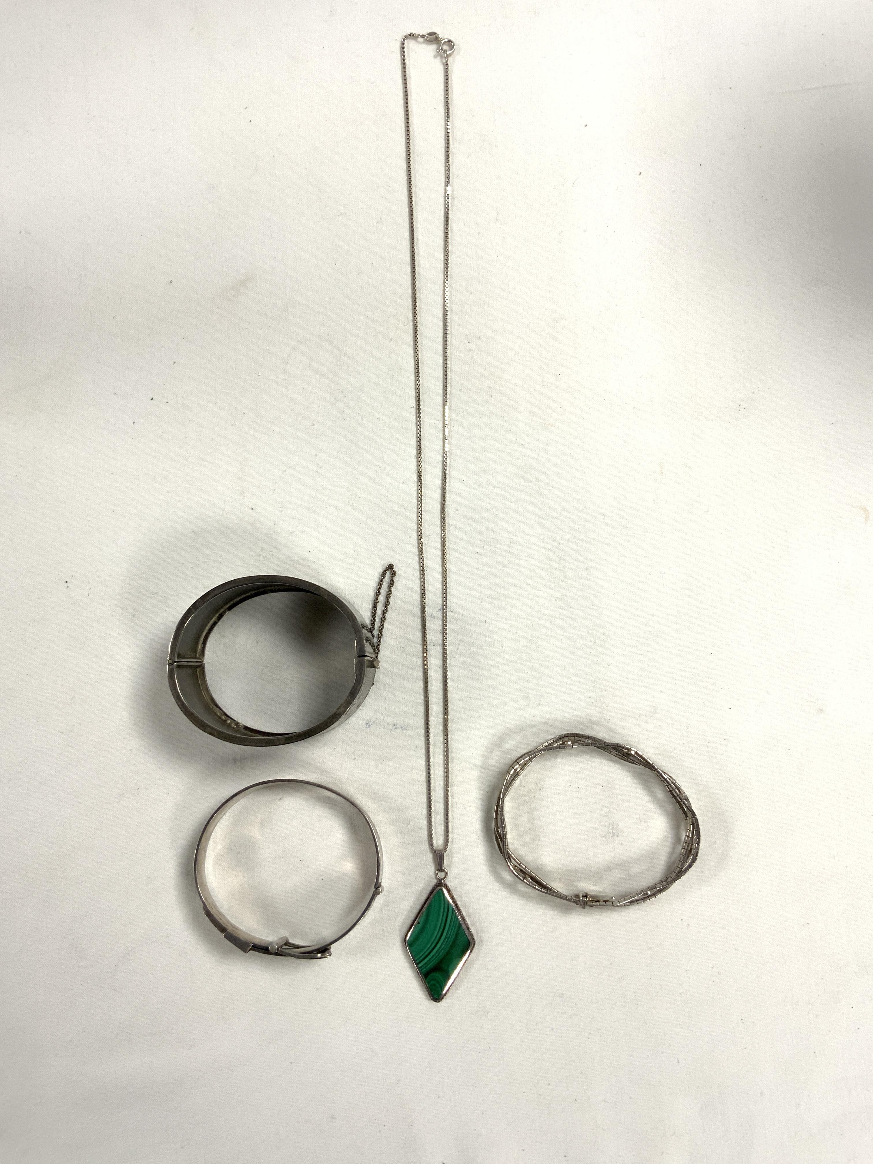 THREE HALLMARKED SILVER BANGLES WITH A 925 SILVER CHAIN AND PENDANT - Image 4 of 6