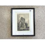 GEORGE MORLAND (1763-1804) MONOCHROME WASH DRAWING OF ABBEY RUINS WITH SEATED BOY AND DOG 20X 29CM