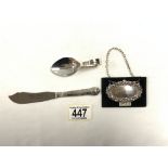 MIXED HALLMARKED SILVER ITEMS DECANTER LABEL, SPOON AND BUTTER KNIFE