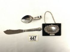 MIXED HALLMARKED SILVER ITEMS DECANTER LABEL, SPOON AND BUTTER KNIFE