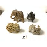 SMALL CHINESE BRONZE CENSOR, 12 CMS, AND 3 CARVED SOAPSTONE FIGURES OF ELEPHANTS.