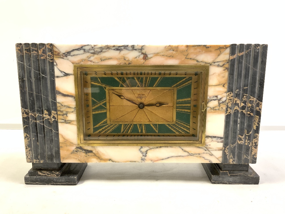1930s FRENCH ART DECO TWO COLOUR MARBLE MANTEL CLOCK, WITH GREEN AND GOLD SUNBURST DIAL, CONVERTED - Image 2 of 4