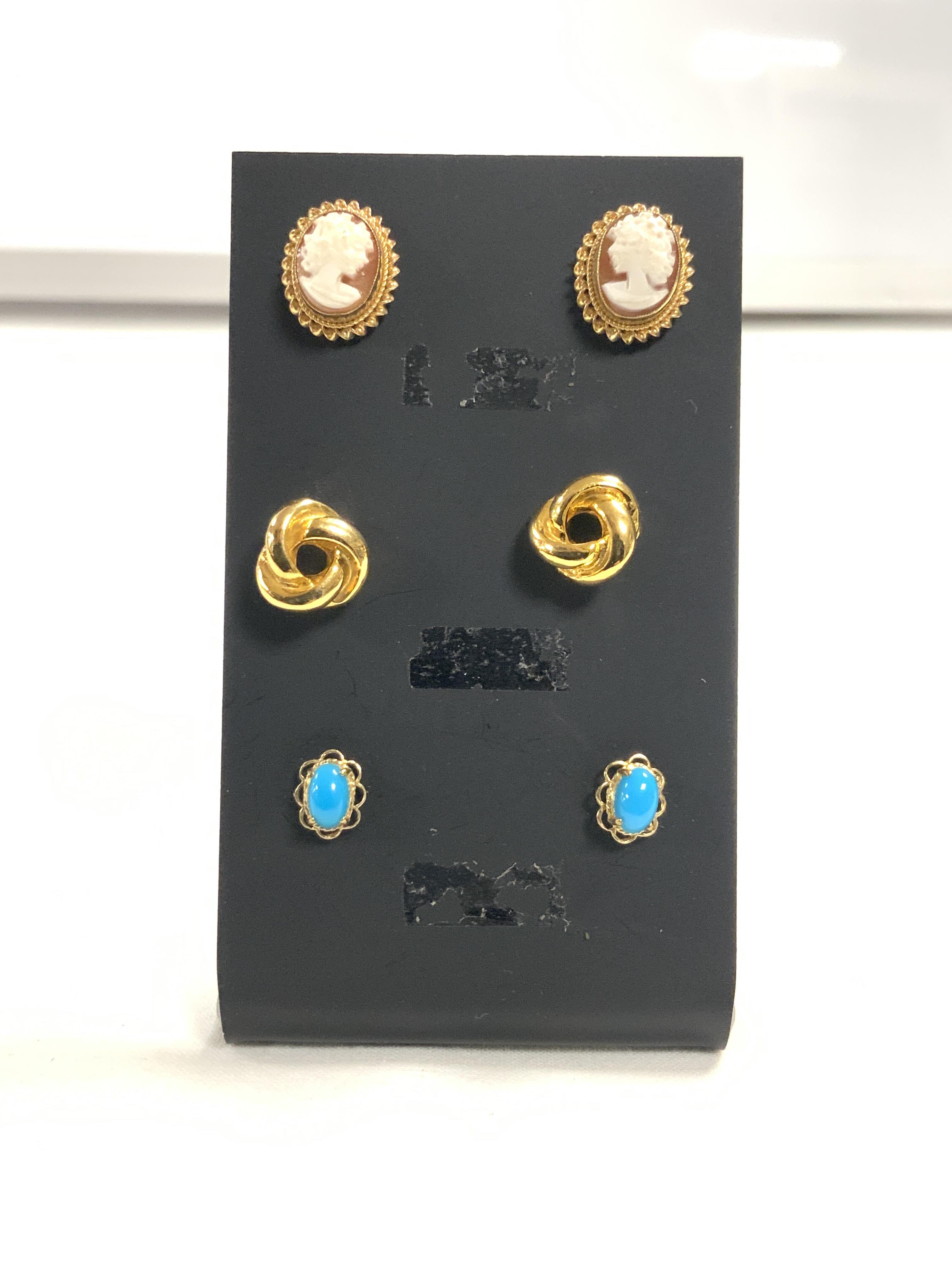 TWO PAIRS OF 375 GOLD EARRINGS WITH CAMEO'S AND TURQUOISE (STANDS NOT INCLUDED ), AND ANOTHER YELLOW - Image 2 of 3