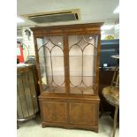 REPRODUCTION GLAZED INLAID MAHOGANY TWO DOOR DISPLAY CABINET, 106X40X182.