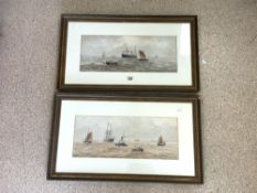 E ADAMS- 1900 TWO SIGNED WATERCOLOURS OF BOATS AND SHIPS AT SEA FRAMED AND GLAZED 78 X 45CM