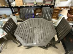 A WOODEN OCTAGONAL FOLDING GARDEN TABLE AND 4 CHAIRS, 100 CMS.