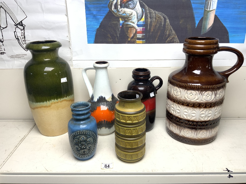 FOUR 1960s WEST GERMAN VASES, 38 CMS TALLEST, AND TWO JUGS.