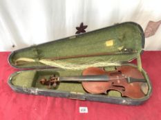 ANTIQUE VIOLIN AND BOW IN WOODEN CASE, 14" IN LENGTH