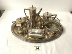 WMF SILVER PLATED FIVE PIECE TEA AND COFFEE SET ON TRAY, AND SMALL PLATED ITEMS.