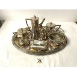 WMF SILVER PLATED FIVE PIECE TEA AND COFFEE SET ON TRAY, AND SMALL PLATED ITEMS.