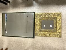 DECORATIVE BEVELLED WALL MIRROR IN GILT EMBOSSED FRAME, 46X51 CMS, AND A GREEN FRAMED WALL MIRROR.