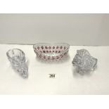 TWO CRYSTAL GLASS ART FRANCE ANIMALS, RHINO AND LION, AND A RUBY FLASH BOAT SHAPED GLASS BOWL.